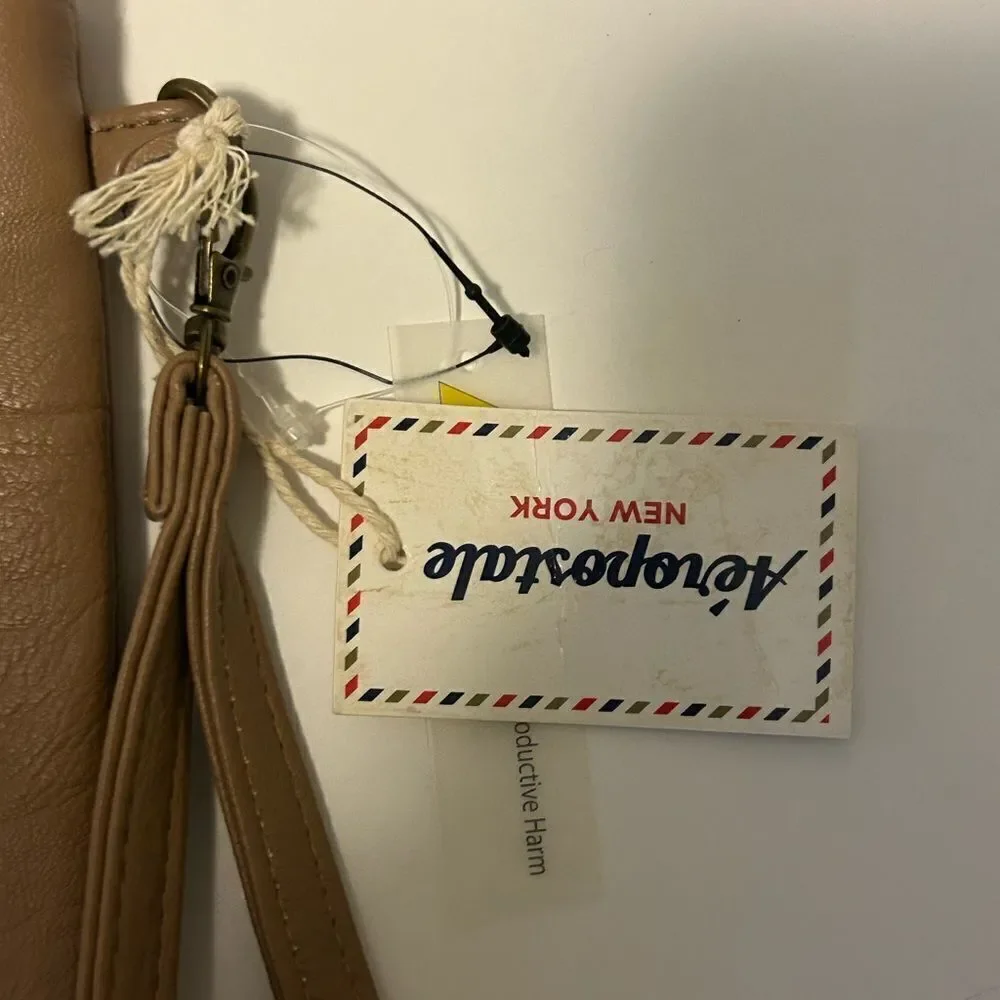 Aeropostale Beige Faux Leather Wristlet Clutch Zip Pouch Neutral Everyday Bag